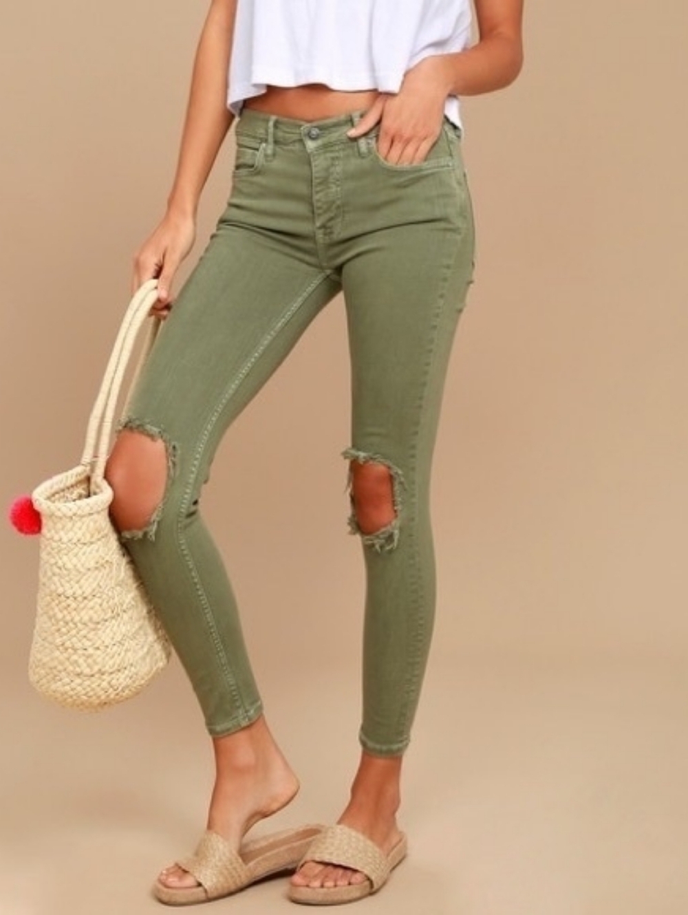 Free People Busted Knee Distressed Olive High Waist Cropped Skinny Jeans Size 28